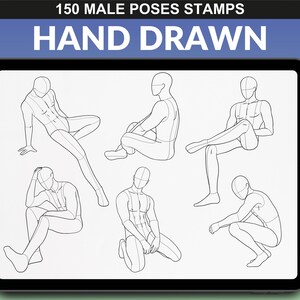 iPad showing Procreate brush set of 150 male body poses. Sitting and crouching mannequin figures, ideal for fashion illustration and anatomy studies.