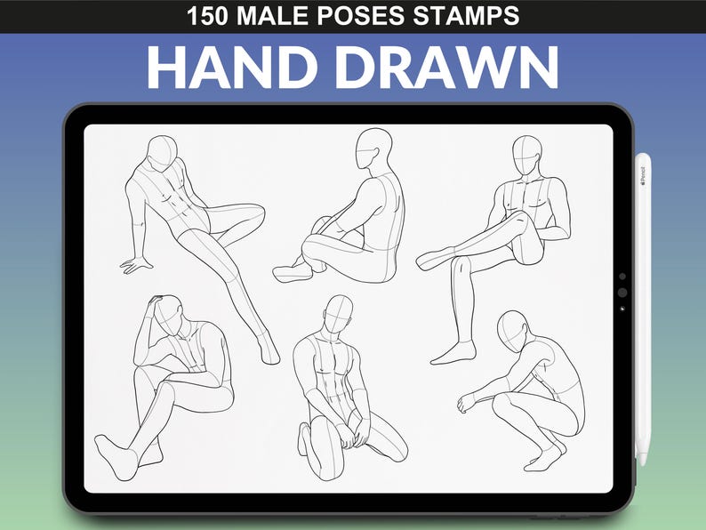 iPad showing Procreate brush set of 150 male body poses. Sitting and crouching mannequin figures, ideal for fashion illustration and anatomy studies.