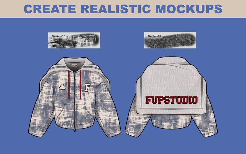 Fashion mockup example created with Procreate texture brushes, showing a realistic jacket design with fabric effects and custom details.