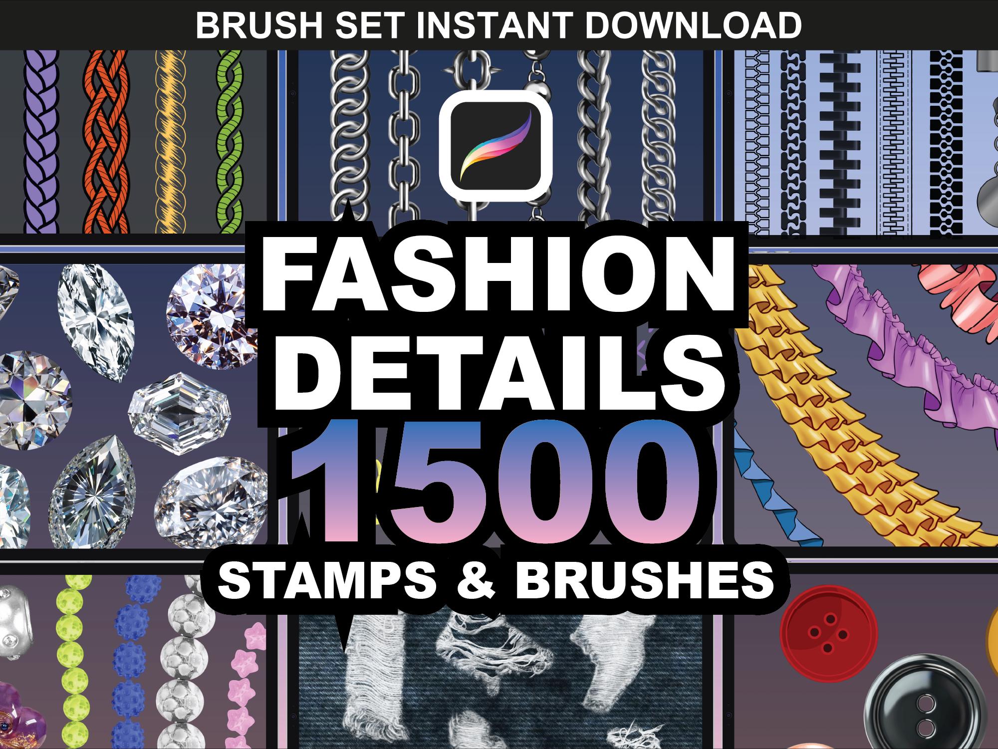 1500 pinceles y sellos para Procreate de moda — cremalleras, puntadas, volantes, cadenas, botones, cuentas y diamantes