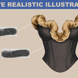 Digital fashion illustration created with Procreate texture brushes, featuring fur and fabric effects for realistic clothing design sketches.