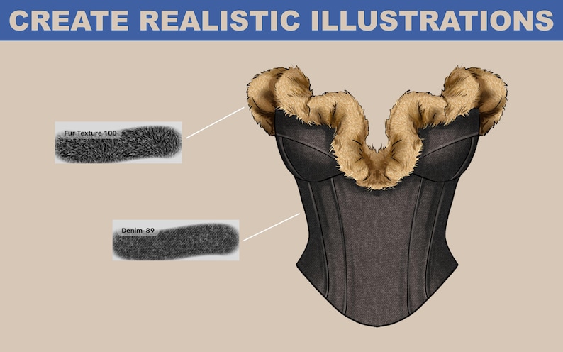 Digital fashion illustration created with Procreate texture brushes, featuring fur and fabric effects for realistic clothing design sketches.