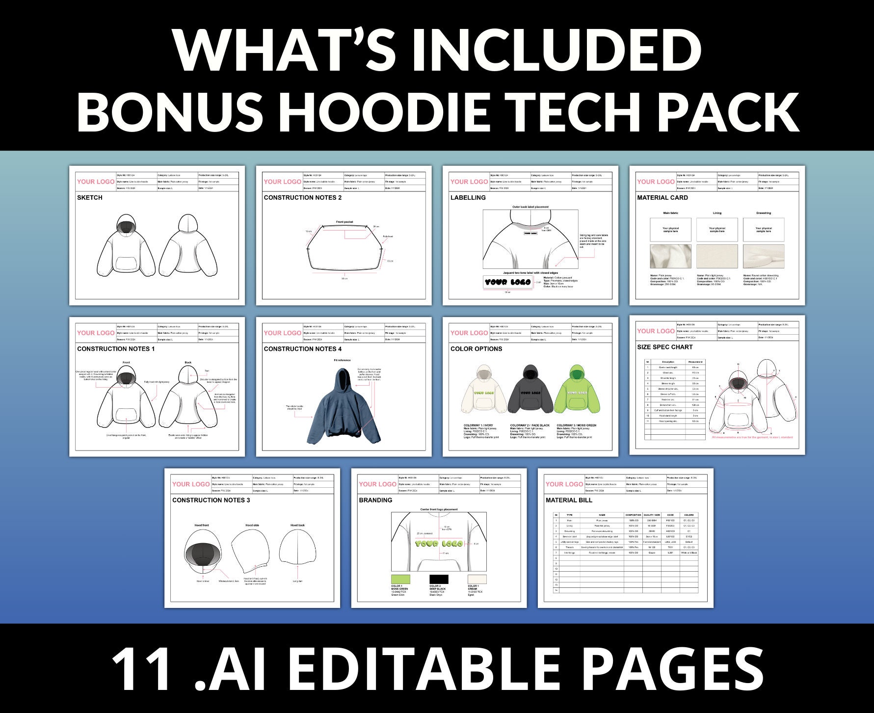 Fashion Tech Pack Template DIY Tech Pack Ai. PDF Hoodie Tech Pack Kit ...
