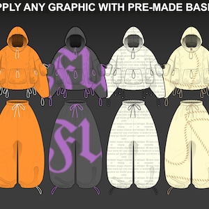 Vector hoodie mockups and sweatpants from FUPstudio used to apply graphics and textures, ideal for clothing mockups and streetwear design