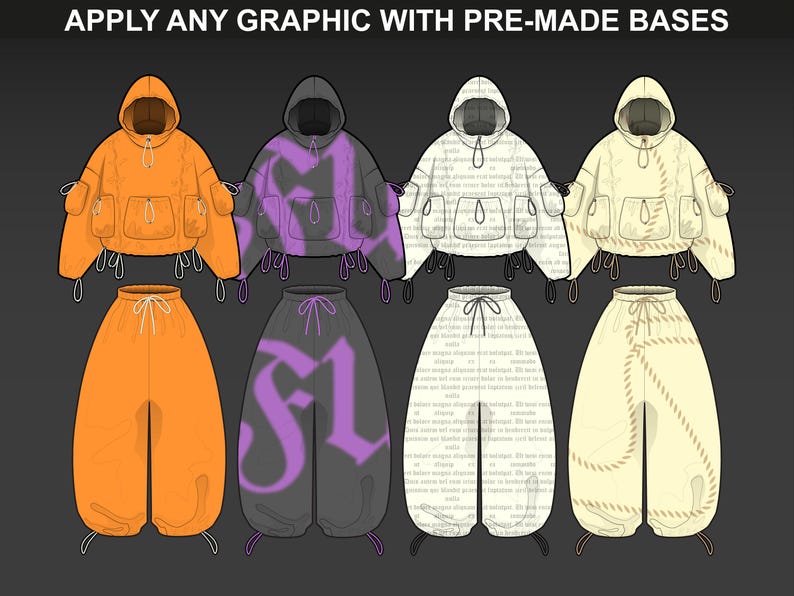 Vector hoodie mockups and sweatpants from FUPstudio used to apply graphics and textures, ideal for clothing mockups and streetwear design