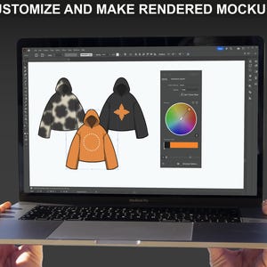 FUPstudio clothing mockups edited in Adobe Illustrator with color picker, showing hoodie mockups for streetwear design and tech pack template building