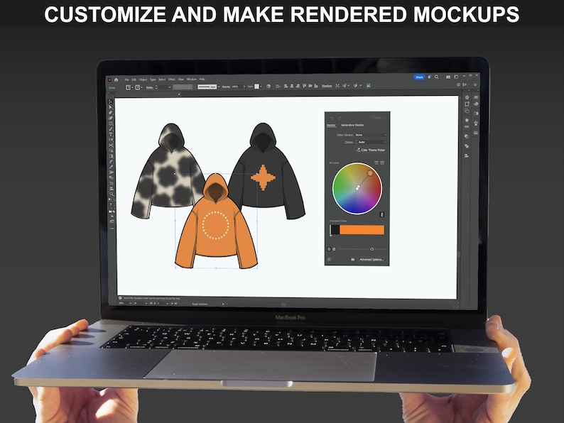 FUPstudio clothing mockups edited in Adobe Illustrator with color picker, showing hoodie mockups for streetwear design and tech pack template building
