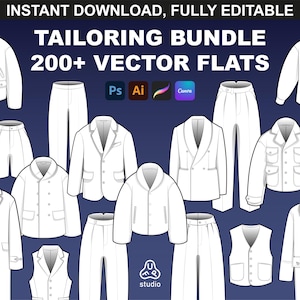 Puede incluir: Un conjunto de más de 200 ilustraciones vectoriales planas blancas de prendas de vestir, que incluyen chaquetas, abrigos, pantalones, camisas y chalecos. Las ilustraciones son editables en Adobe Photoshop, Illustrator y Canva.