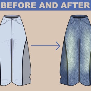 Before and after pants illustration showing how Procreate texture brushes can transform a flat sketch into a realistic denim fashion design.