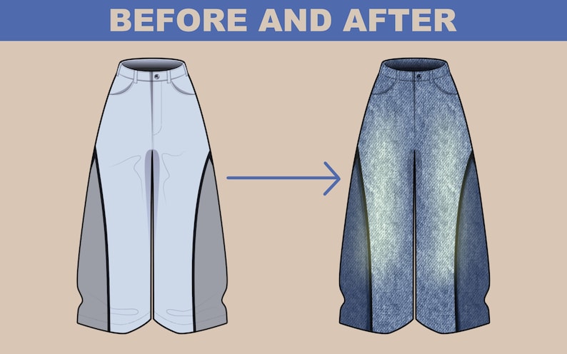 Before and after pants illustration showing how Procreate texture brushes can transform a flat sketch into a realistic denim fashion design.