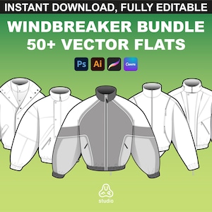 Windbreaker Mockups & Fashion Jacke Vektor Bundle - Tech Pack Vorlagen für Procreate und Adobe Illustrator - Bearbeitbare Vektor Wohnungen