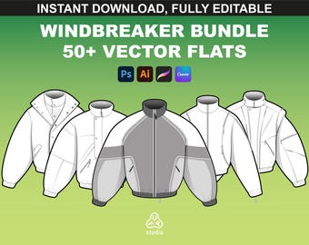 Windbreaker Mockups Fashion Jacket Vector Bundle Tech Pack Templates  for Procreate and Adobe Illustrator Editable Vector Flats