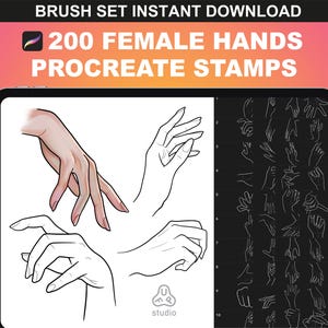 200 Procreate hand stamps. Female Procreate hand brushes for body poses & Procreate pose reference for anime drawing and illustration.
