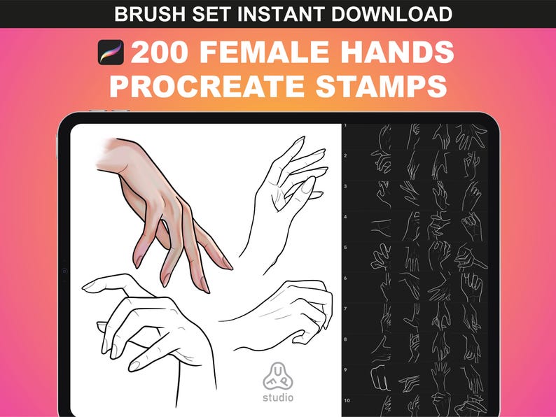 Preview of FUPstudio's 200 female hands Procreate stamps bundle. Includes hand-drawn poses for illustration, character design, and digital art.