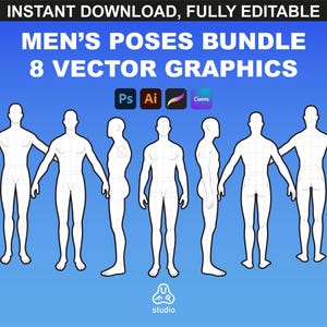 Male Poses Procreate Brushes and Body Pose Stamps Set | Vector Body Mannequin for Fashion Tech Packs and Apparel Design
