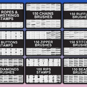 1500 Procreate Brushes for fashion designers includes zippers stitches buttons rips ropes and more by FUPstudio