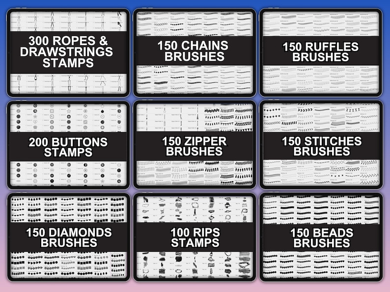 1500 Procreate Brushes for fashion designers includes zippers stitches buttons rips ropes and more by FUPstudio