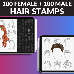 200 Hair Brushes by FUPstudio: male and female styles for Procreate. Ideal for portraits, character design, and fashion sketches. Includes realistic and stylized hair stamps. Easy iPad download!