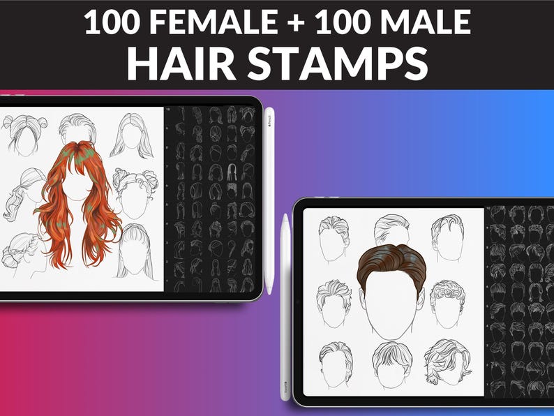 200 Hair Brushes by FUPstudio: male and female styles for Procreate. Ideal for portraits, character design, and fashion sketches. Includes realistic and stylized hair stamps. Easy iPad download!