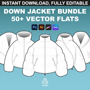 Puffer Jacket Mockups & Down Jacket Vector Mockup Bundle - Tech Pack Templates for Procreate and Adobe Illustrator - Editable Vector Flats
