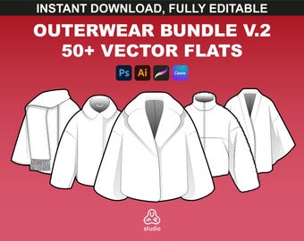Ensemble de maquettes de vêtements d'extérieur V.2 - Maquettes de vêtements pour la création de mode, modèles de vestes plates vectorielles pour les modèles de packs techniques dans Procreate et Canva