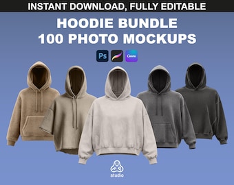 100 Hoodie Mockups Bundle, Realistic Hoodie Photo Mockup Pack for Streetwear & Clothing Design in Procreate, Photoshop and Canva.