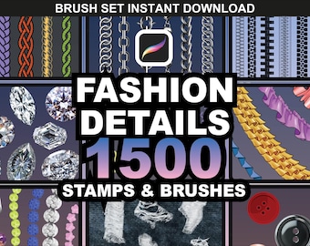 1500 pennelli Procreate – Set di pennelli Procreate per design di moda / gioielli, timbri, volant, cerniere e pennelli per cuciture