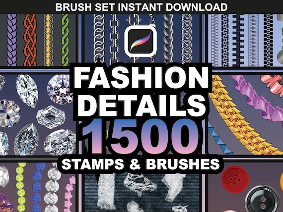 1500 Procreate Brushes – Fashion Procreate Brush Set for Fashion Design | Jewelry Stamps, Ruffles, Zippers & Stitch Brushes
