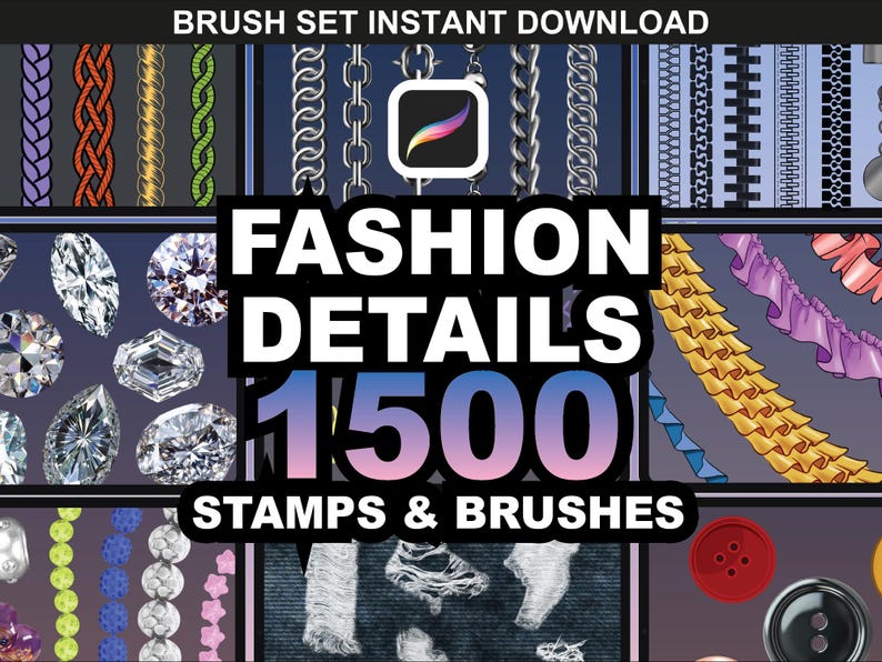 Fashion Procreate Brushes for garment details including chains zippers stitches beads and ruffles by FUPstudio