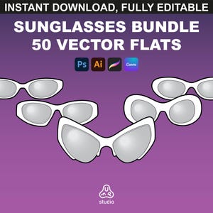 Puede incluir: Ilustración gráfica de un paquete de gafas de sol con 50 planos vectoriales. Las gafas de sol tienen monturas blancas y lentes grises, sobre un fondo morado. El texto dice "SUNGLASSES BUNDLE 50 VECTOR FLATS".