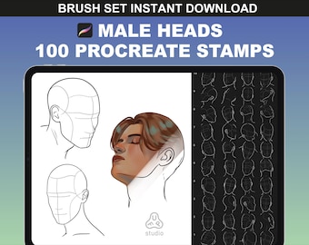 May include: A digital illustration of 100 male head stamps for Procreate. The image shows a preview of the stamps, including a shaded head and a line drawing of a head. The text "MALE HEADS" and "100 PROCREATE STAMPS" is displayed in the image.