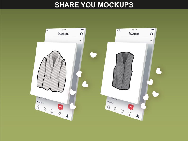 Instagram mockups highlighting FUPstudio twill patterns applied to a blazer and vest.