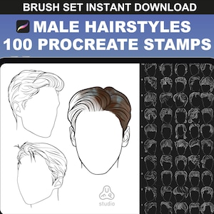 May include: A digital illustration of 100 male hairstyles for use as Procreate stamps. The image shows three examples of the hairstyles, with a grid of 100 different hairstyles in the background.