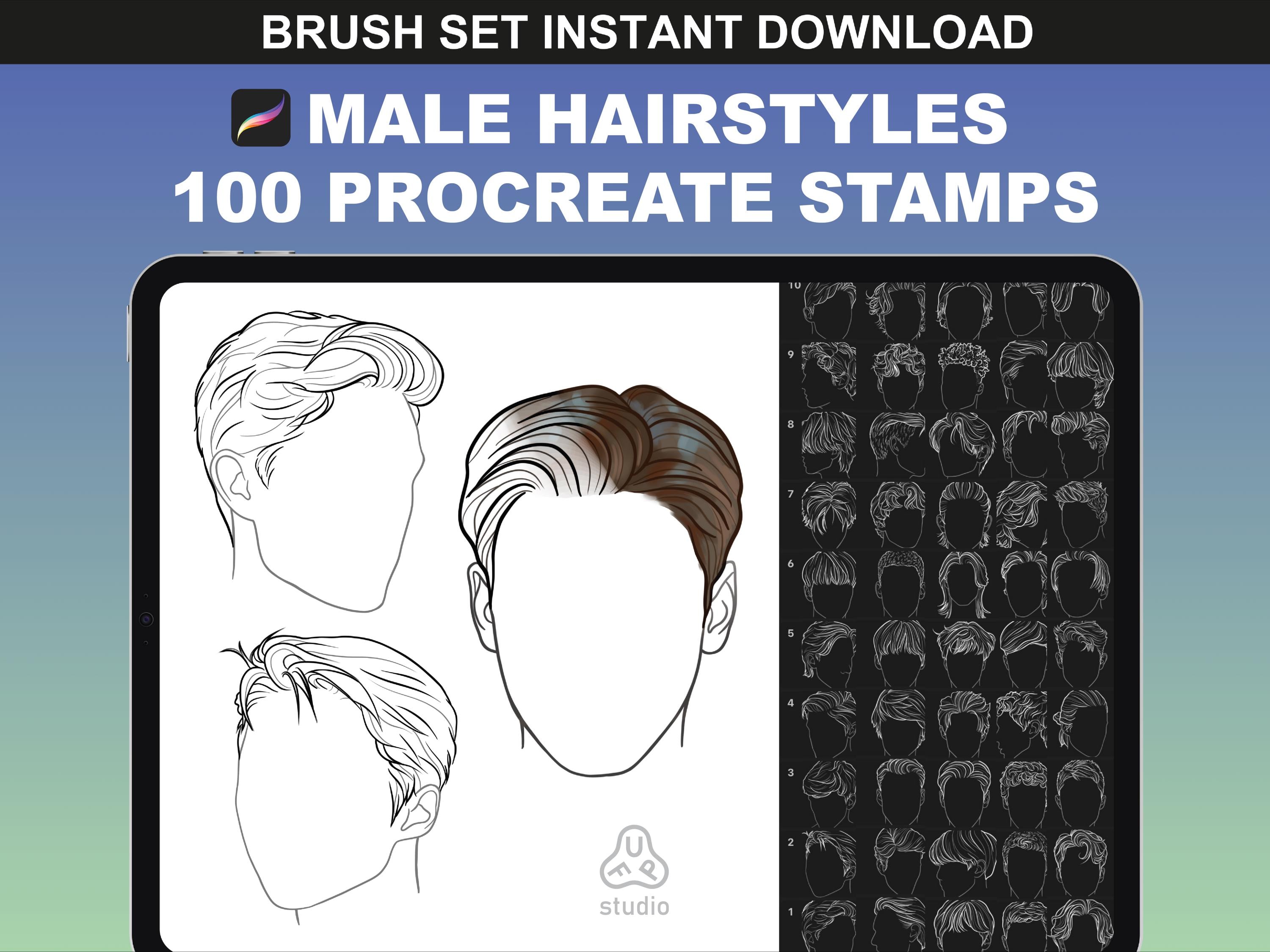 100 sellos de cabello masculino para Procreate | Set de pinceles realistas para anime, retratos y moda