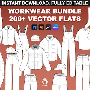Pack maquettes de vêtements de travail et pack technique - Chaussures plates modifiables pour sweats à capuche, vestes, t-shirts et pantalons - Modèles de création de mode Procreate
