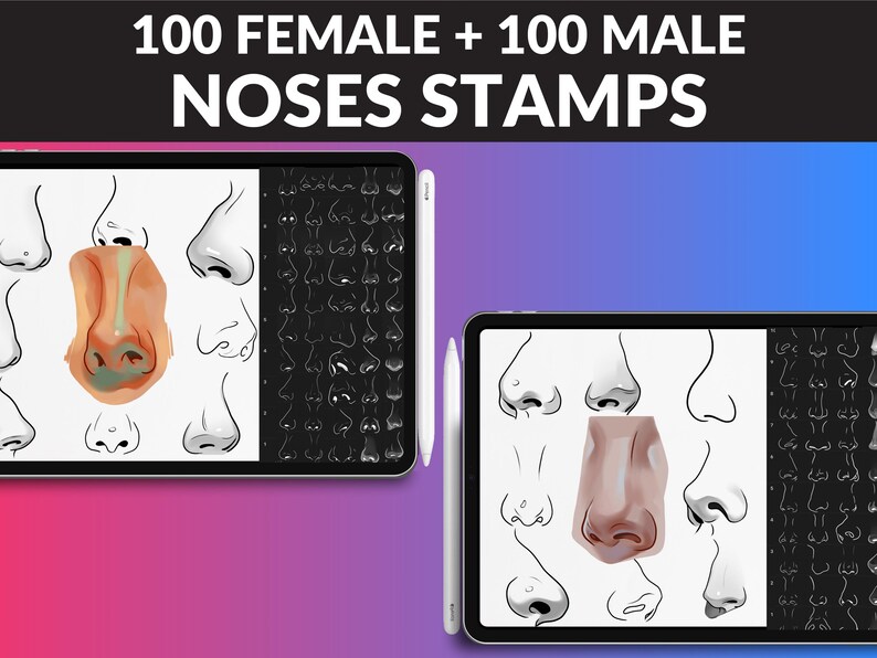 200 Nose Brushes by FUPstudio for Procreate: male and female nose shapes for portraits, anatomy studies, and digital art. Perfect for Procreate artists. Easy iPad download!