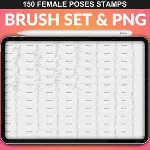 Procreate pose brushes: 150 Female Poses displayed on an iPad screen. This brush set includes various body poses for Procreate, ideal for artists seeking detailed pose references.