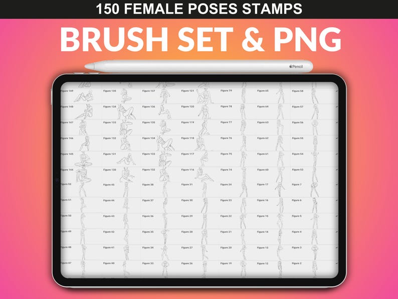 Procreate pose brushes: 150 Female Poses displayed on an iPad screen. This brush set includes various body poses for Procreate, ideal for artists seeking detailed pose references.