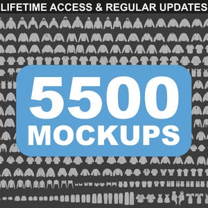 Może przedstawiać: Obraz przedstawiający 5500 makiet różnych elementów odzieży, w tym bluz z kapturem, koszul i sukienek. Tekst "LIFETIME ACCESS & REGULAR UPDATES" znajduje się u góry, z "5500 MOCKUPS" w niebieskim zaokrąglonym prostokącie.