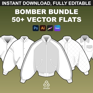 Peut inclure: Un ensemble de cinq vestes bomber blanches, chacune avec un design différent. Les vestes sont entièrement modifiables et peuvent être utilisées dans Photoshop, Illustrator et Canva. Le texte "BOMBER BUNDLE 50+ VECTOR FLATS" est en haut de l'image.