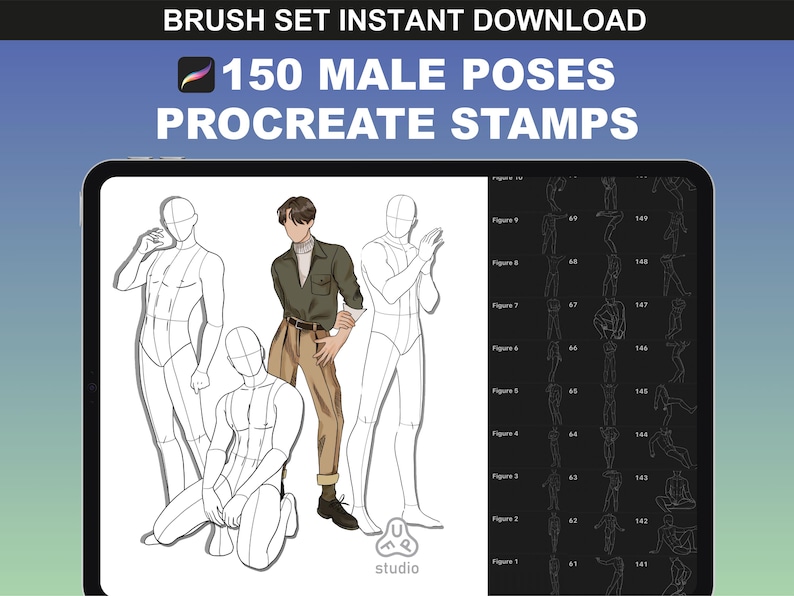 Procreate poses brush set by fupstudio, showcasing mannequin-style figures in various dynamic poses. Ideal for fashion design, illustration, and drawing.