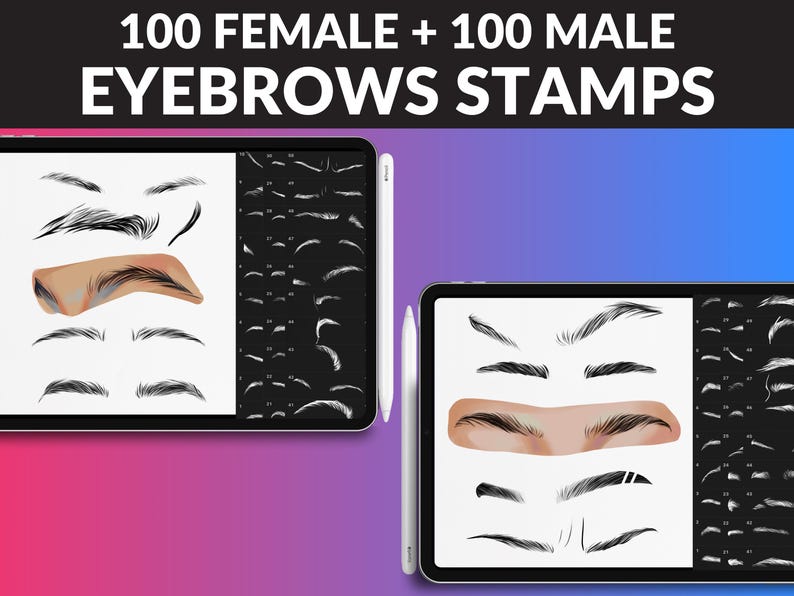 200 Eyebrow Brushes by FUPstudio: male and female styles for Procreate. Create detailed portraits with realistic eyebrow shapes. Instant iPad download for Procreate users.