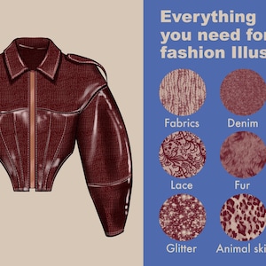 Digital fashion illustration of a cropped leather jacket with realistic texture, part of a Procreate brush set for fashion designers and illustrators.