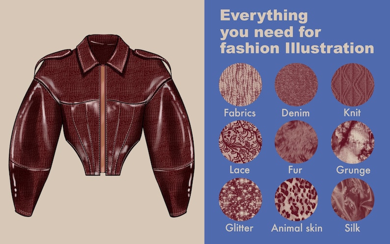 Digital fashion illustration of a cropped leather jacket with realistic texture, part of a Procreate brush set for fashion designers and illustrators.