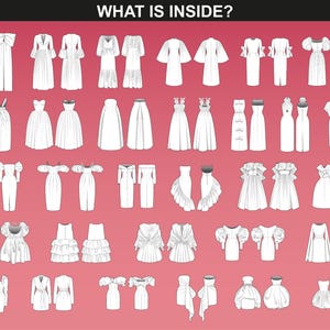 Preview of 60 dress mockups included in the Cocktail Dress Bundle, showcasing a variety of styles such as cocktail, formal, and evening wear.