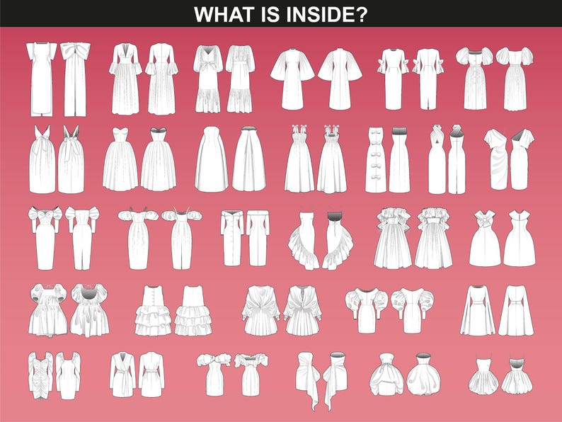 Preview of 60 dress mockups included in the Cocktail Dress Bundle, showcasing a variety of styles such as cocktail, formal, and evening wear.