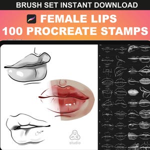 Peut inclure: Une illustration numérique de lèvres féminines dans différents styles. L'image montre 100 tampons Procreate pour l'art numérique. Le texte "FEMALE LIPS" et "100 PROCREATE STAMPS" est affiché sur l'image.