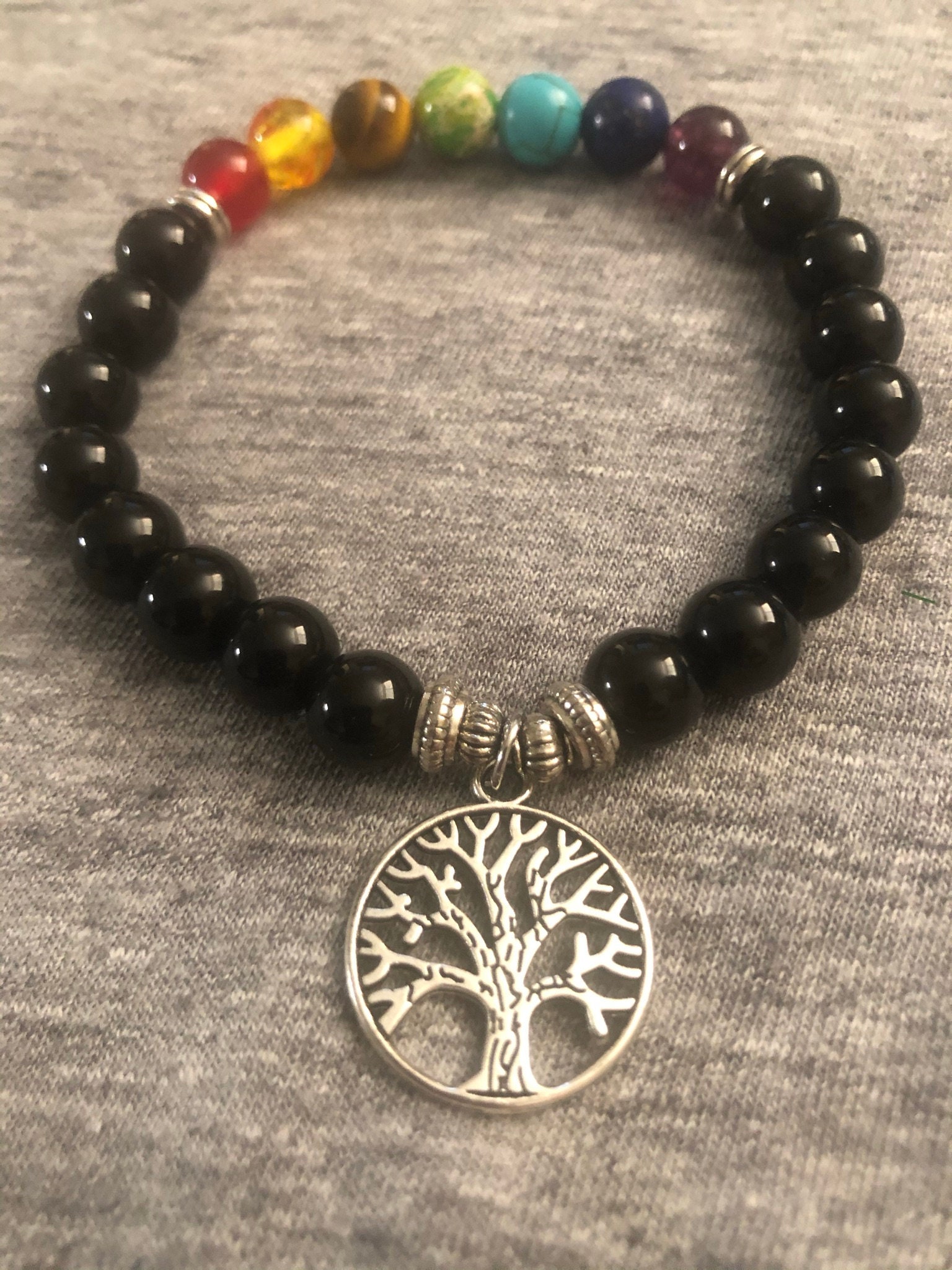 VIBESLE 7 Chakra Bracelet and 7 Chakra Tree Pendant Set with Fish Charm for  Good Luck,
