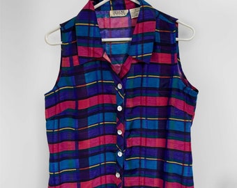 1980s Vintage Selene Sport Mujer Top Botón Multicolor Frente Sin Manga Plaid