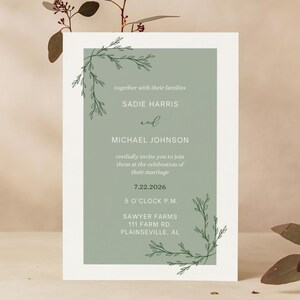 Gepersonaliseerde huwelijksuitnodigingsjabloon, minimalistische botanische DIY-huwelijksuitnodiging, afdrukbare, op de natuur geïnspireerde trouwkaart, aanpasbare pdf